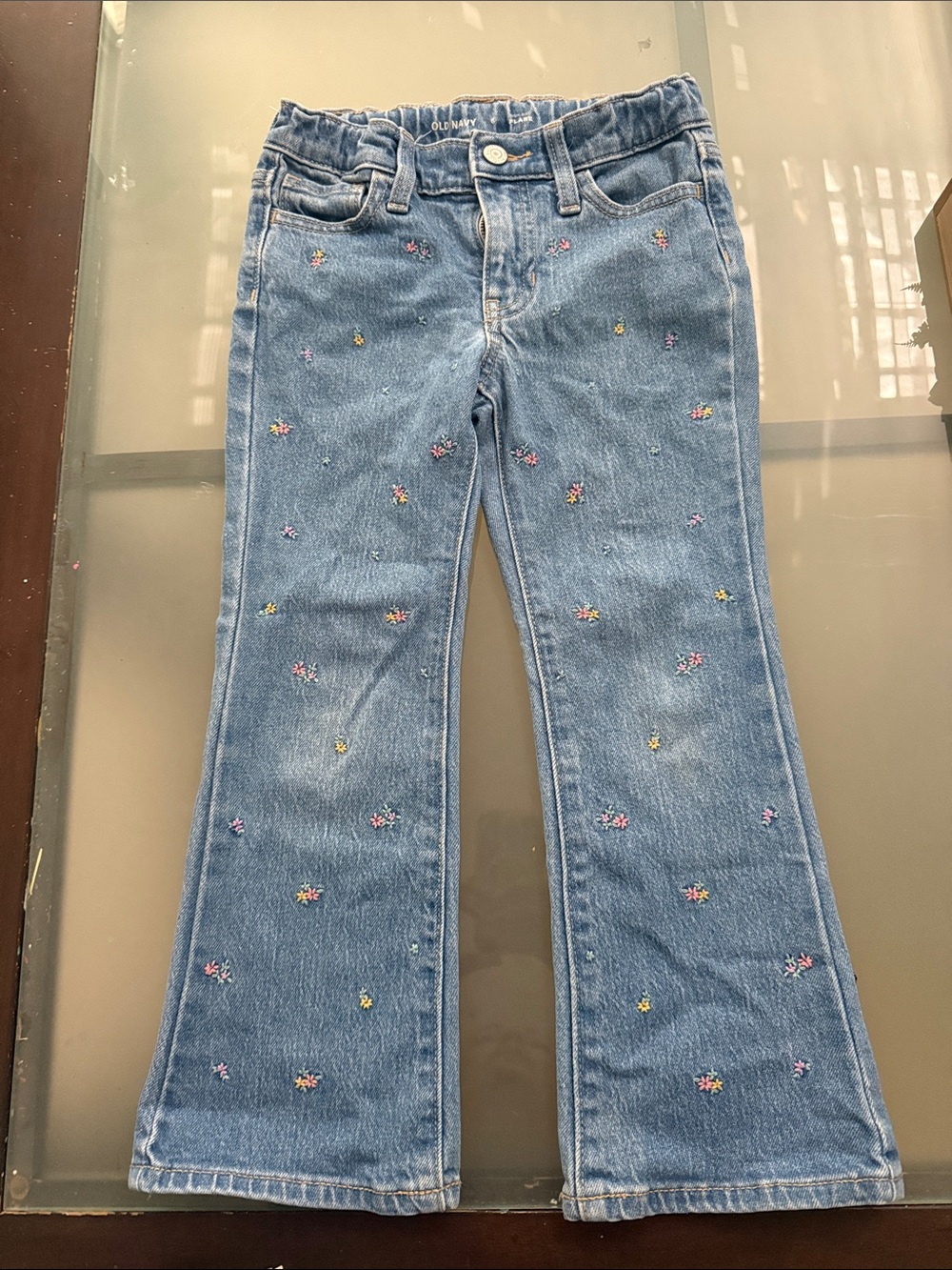 Old Navy Light Blue Girls' Floral Embroidered Flare Jeans